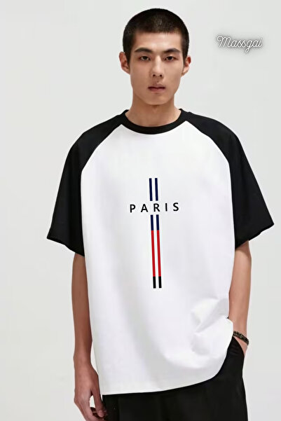 Massgai Unisex Paris Raglan Sleeve Printed Oversize 100% Cotton T-Shirt