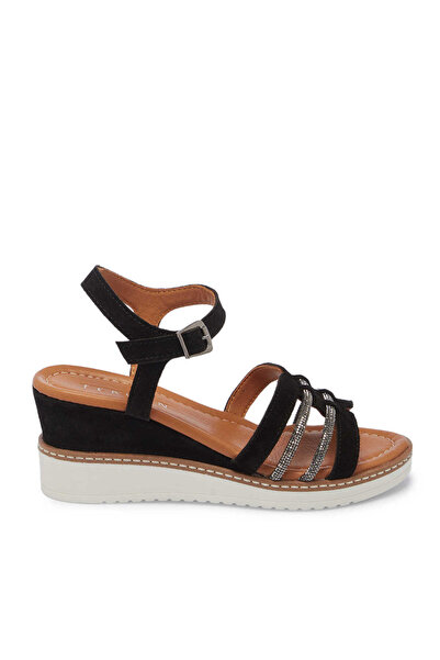 Tergan Black Genuine Suede Leather Women's Sandals - K25Y1Sn67869-A01