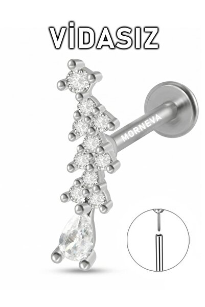 MORNEVA Vidasız Çelik Barlı Damla Taş Kıkırdak Kulak Helix Conch Piercingi (1...