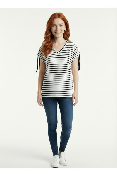 Neden Tekstil Γυναικείο μπλουζάκι με κοντό μανίκι, μαύρο και λευκό, ριγέ, με ...