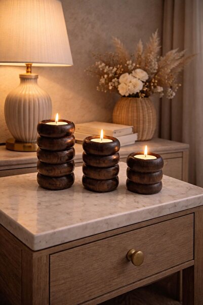 ENYAZA(2024) Dekoratif Ahşap Bubble 3’lü Mumluk - Şamdan Doğal Gürgen Ağacı