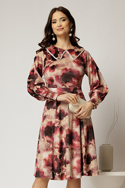 DyFashion Rochie DY Fashion din catifea cu print grena si perle la guler