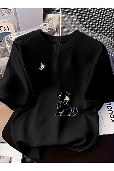 yombaa Μπλουζάκι με στάμπα γάτας και πεταλούδας, κοντομάνικο - Μαλακή στρογγυ...