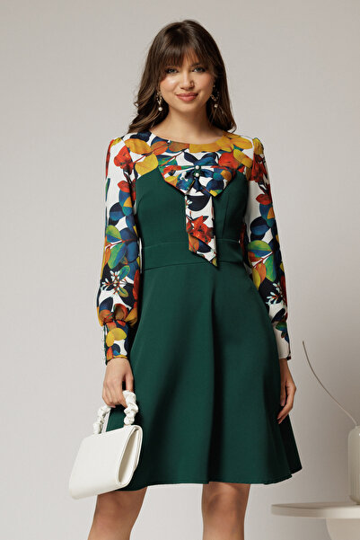 DyFashion Rochie Andrada din stofa verde cu funda si imprimeu colorat