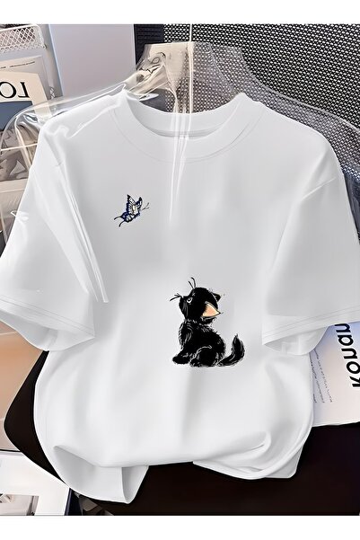 yombaa Μπλουζάκι με στάμπα γάτας και πεταλούδας, κοντομάνικο - Μαλακή στρογγυ...