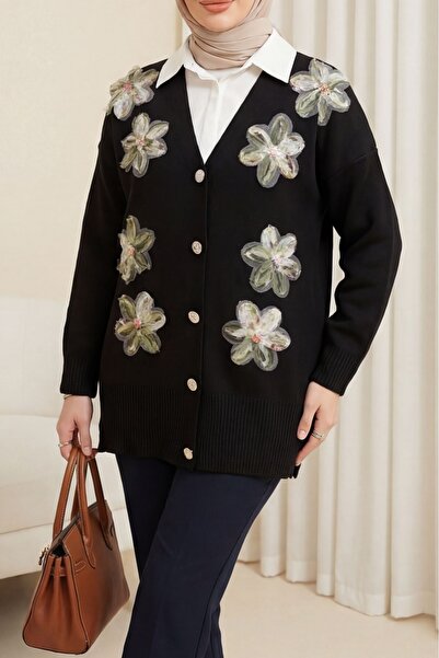 Modamorfo V-Neck Organza Tulle Floral Embroidered Knitwear Cardigan - Black