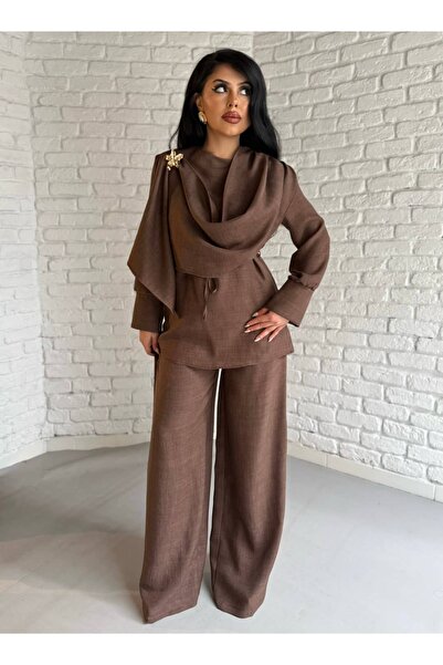 moneta boutique Γυναικείο Σετ Παντελονιού με Λεπτομέρεια Σάλι στο Μπροστινό Μ...