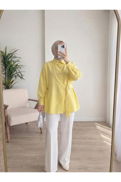 HİFADEN قميص نسائي ذهبي اللون بأزرار وحزام - قميص طويل الأكمام بتفاصيل مشبك ع...