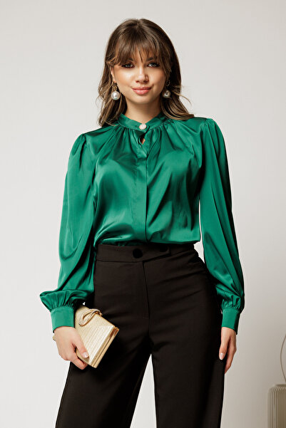 DyFashion Bluza DY Fashion verde din satin cu guler tunica si nasture elegant