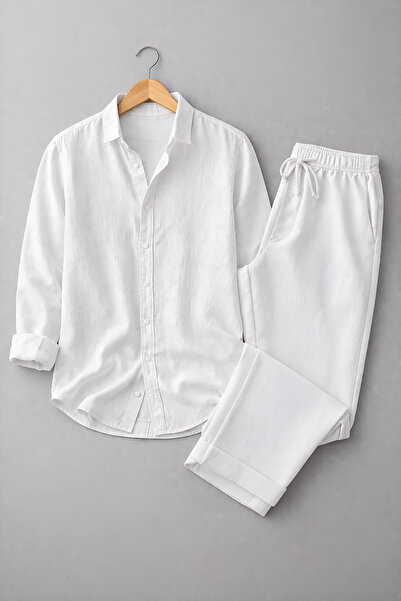 beuivo Men's Linen Textured Oversize Shirt & Sofia Linen Loose Fit Trousers C...