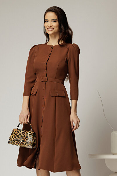 DyFashion Rochie DY Fashion midi maro din stofa clos cu nasturi si curea