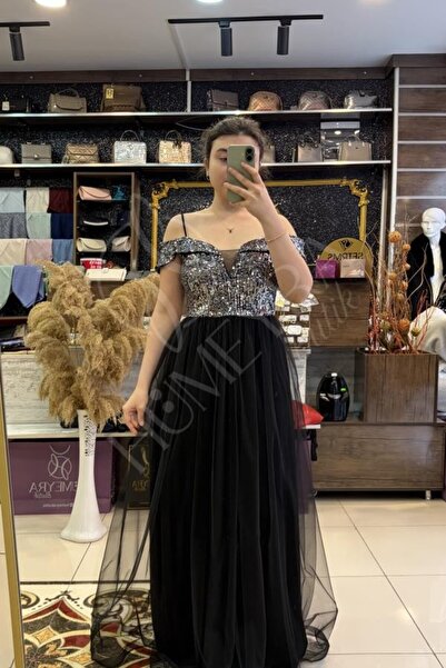 HUMEYRA Tulle Front Sequin Evening Dress