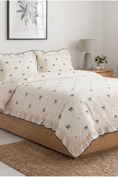 DB Σετ Παπλωματοθήκης Διπλού Μεγέθους 100% Βαμβακερό με Μαύρο Φιόγκο και Βολά...