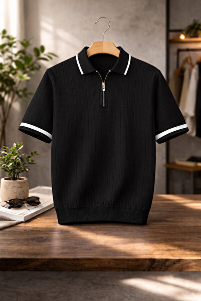 OTAKU Ανδρικό πλεκτό μπλουζάκι με φερμουάρ και λαιμόκοψη πόλο, κοντομάνικο, κ...