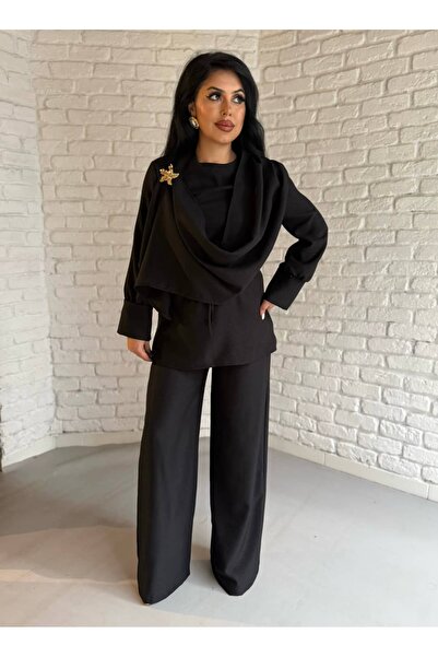 moneta boutique Γυναικείο Σετ Παντελονιού με Λεπτομέρεια Σάλι στο Μπροστινό Μ...