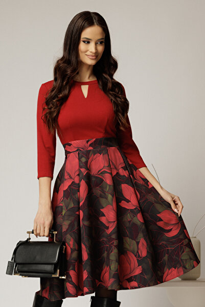 DyFashion Rochie DY Fashion midi bordo cu imprimeu si decupaj la decolteu