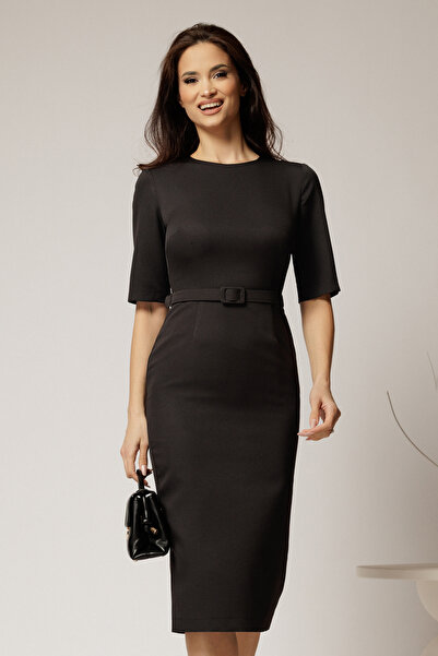 DyFashion Rochie DY Fashion midi conica neagra cu decolteu rotund si curea in...