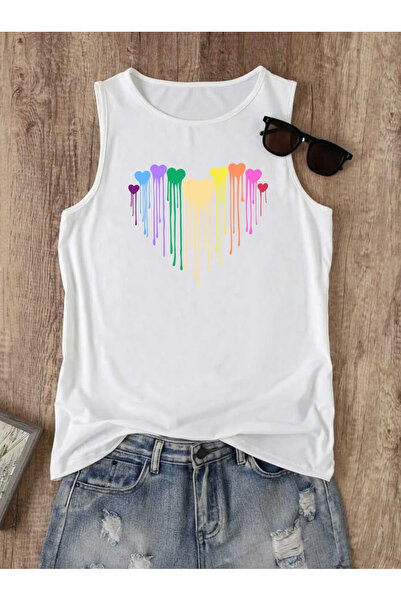 SUNFREE ΠΟΛΥΧΡΩΜΗ ΚΑΡΔΙΑ Τυπωμένη Αμάνικη Γυναικεία Καλοκαιρινή Μπλούζα με Λα...