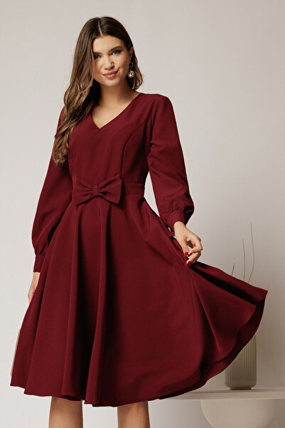 DyFashion Rochie DY Fashion bordo midi cu funda in talie si decolteu V