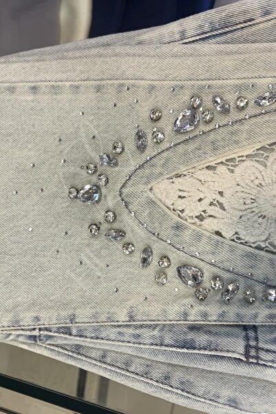 HUMEYRA Cotton Jeans with Lace and Stone Detail on the Legs