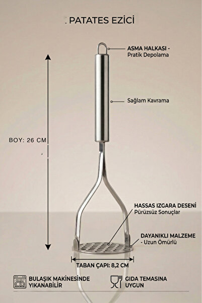 KHAKMA Pratik Lüks Paslanmaz Metal Patates Ezici | Patates Ezici Püre Yapıcı | 26 Cm