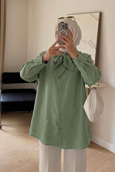 HİFADEN Women's Oversized Hijab Shirt with Lace-Up Collar and Bow