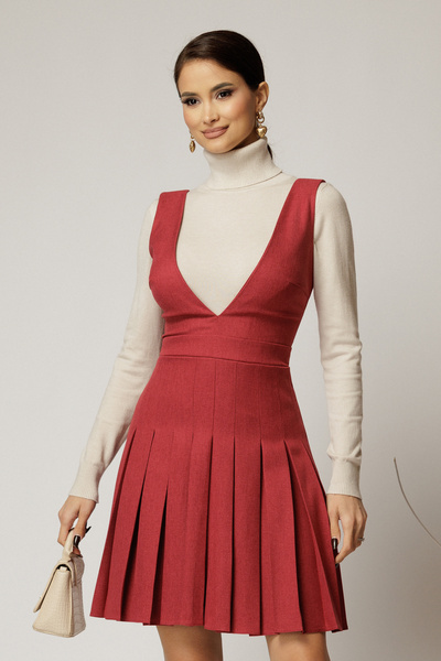 DyFashion Sarafan DY Fashion rosu din stofa cu pliuri si decolteu adanc