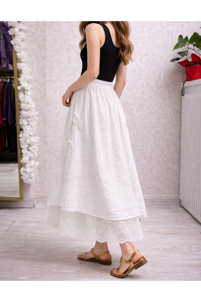 TUGBA COLLECTION DANTEL İŞLEMELİ NAKIŞLI %100 PAMUKLU KETEN KATLI İTHAL ETEK