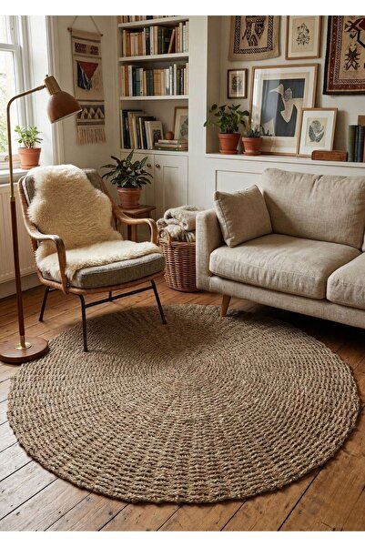 Lessio Home Osaka Yuvarlak Hasır Kilim - 100x100 cm - Doğal Eceng Malzeme El ...