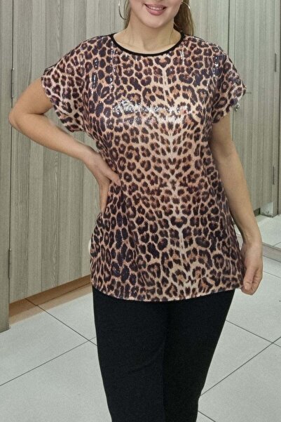 Maya Butik Sıfır Yaka Önü Payetli Leopar Bluz - 21915
