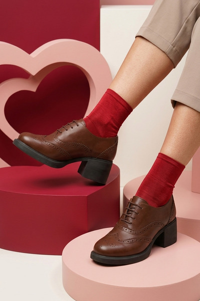 GRADA Καφέ γνήσιο δέρμα Γυναικεία παπούτσια Oxford με τακούνι με κορδόνια από...