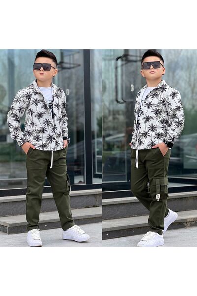 zavera for kids Erkek Çocuk Palmiye Desenli 3'lü Takım-Keten Kargo Pantolon-G...
