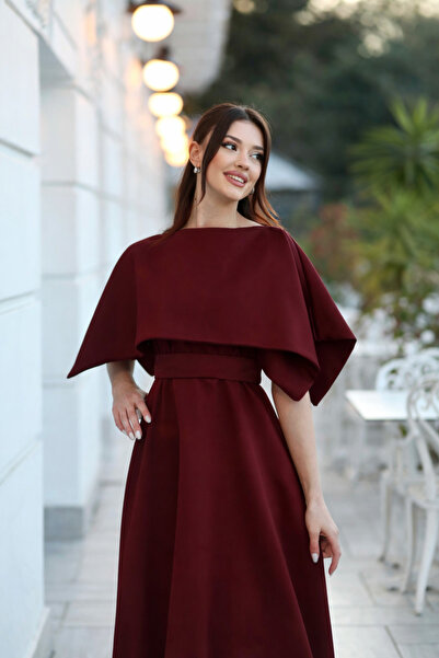 MEİZA KADIN BORDO PELERİN YAKA DETAYLI ROSSA ABİYE ELBİSE