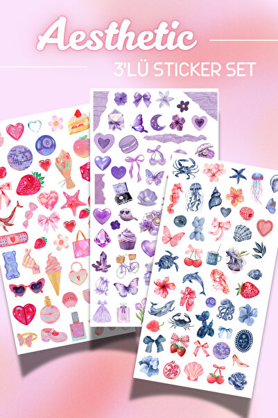 Hume Craft 3'lü Aesthetic Mavi Mor Pembe Temalı Sticker Seti Scrapbook Bullet...