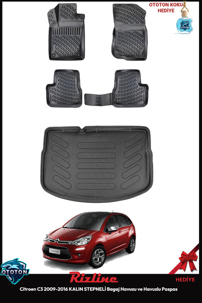 Rizline Citroen C3 2009-2016 KALIN STEPNELİ Bagaj Havuzu&Havuzlu Paspas ve TO...