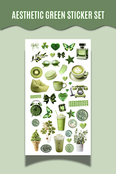 Hume Craft Yeşil Aesthetic Temalı Tek Sayfa Sticker Seti Scrapbook Bullet Jou...