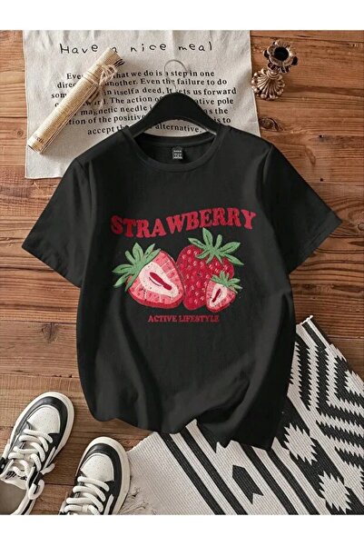 AN Trend Moda Strawberry Printed Oversized Unisex Basic T-Shirt