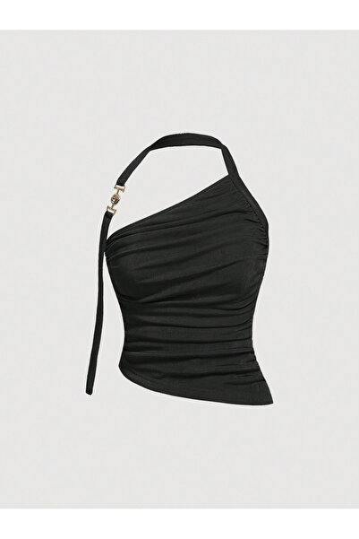 Wildco Μαύρη ασύμμετρη μπλούζα με μεταλλική αγκράφα, γυναικεία μπλούζα με λεπ...