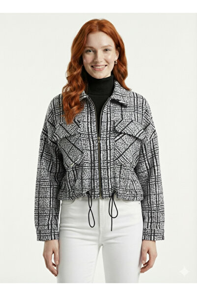 Neden Tekstil Γυναικείο κοντό μπουφάν με καρό σχέδιο και φερμουάρ