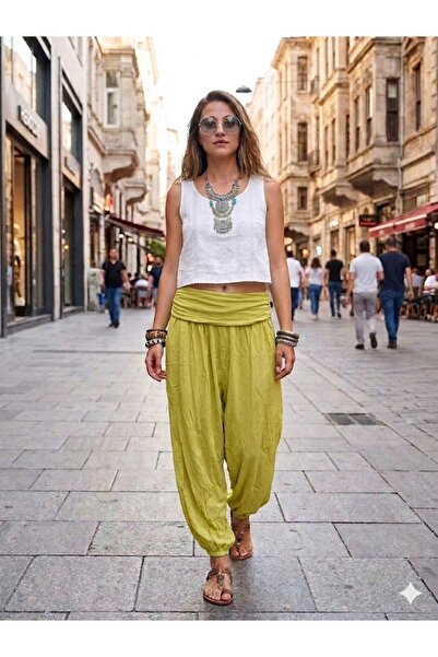 AYASOFYA OTANTIK Γυναικείο ιταλικό κίτρινο παντελόνι με απλό σχέδιο, ελαστική...