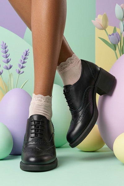 GRADA Μαύρα γυναικεία παπούτσια Oxford με τακούνι από γνήσιο δέρμα, με κορδόν...