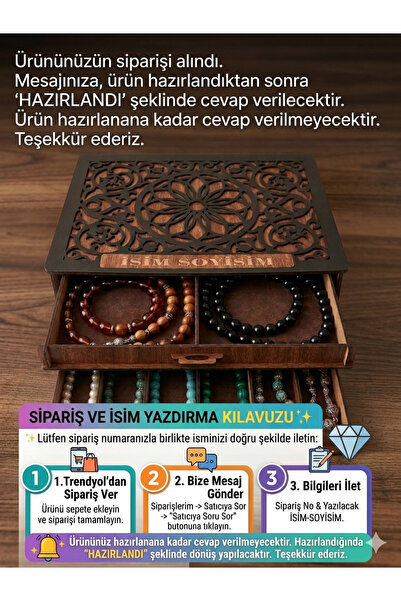 OBLİVİON Babalar Günü Kişiye Özel Ahşap Tesbih Kutusu Çekmecesi 3 Katlı Çekmeceli–Erkek Hediyelik LüksKoleksiyon Organizer
