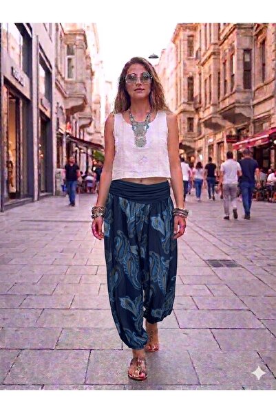 AYASOFYA OTANTIK Γυναικείο ιταλικό παντελόνι σαλβάρι με μοτίβο σε μπλε ναυτικ...