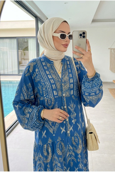 Kirazca Butik Γυναικείο μακρύ φόρεμα χιτζάμπ με έθνικ σχέδια από βισκόζη