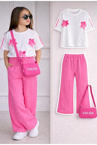CALİSA Момичешки розов панталонен костюм с детайл панделка, стилен летен комп...