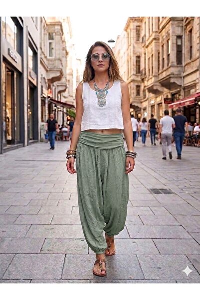 AYASOFYA OTANTIK Γυναικείο ιταλικό χακί παντελόνι με απλό σχέδιο, ελαστική μέ...