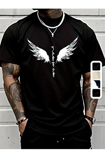 AN Trend Moda Men's Angel Wings Japanese Text Printed T-Shirt - Comfortable a...
