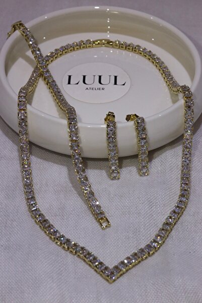 LUUL ATELIER XUPING Zirkon Taş 14K Gold Su Yolu Çelik Kolye + Bileklik + Küpe...