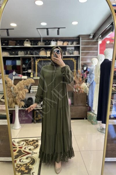 HUMEYRA Guipure Lace Buttoned Collar Viscose Dress