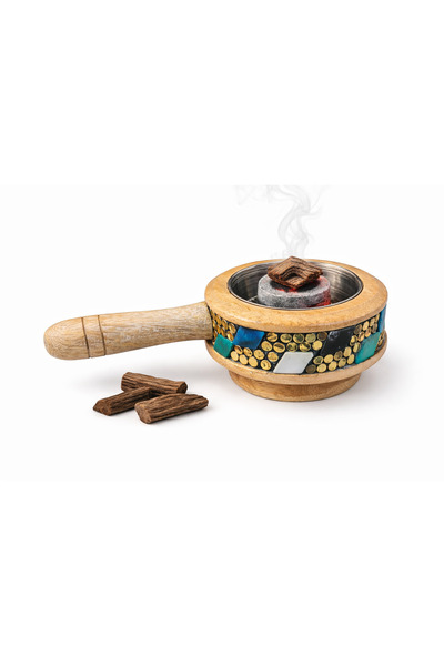 MDK Luxury Wooden Bakhoor Burner with Handle & Steel Cup – Traditional Incens...